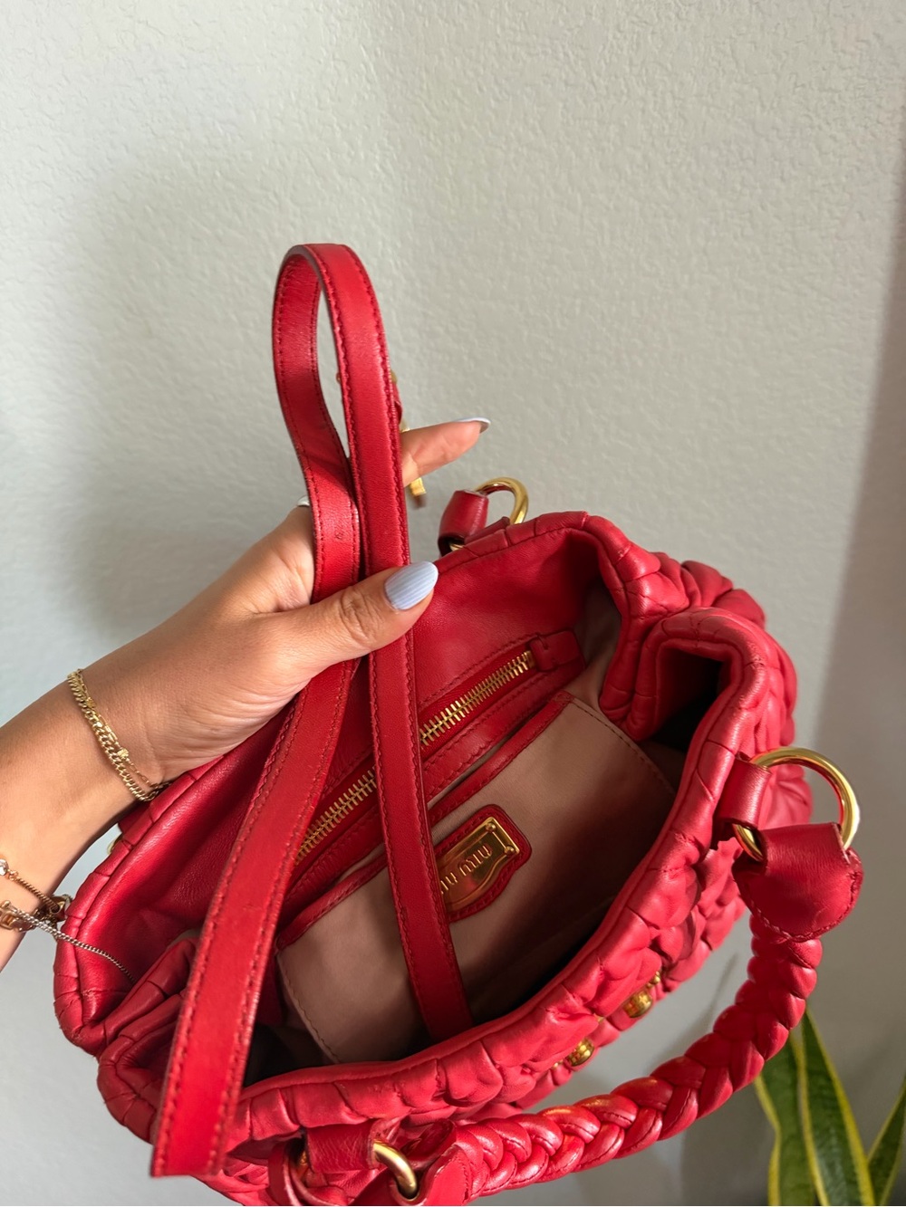 Miu Miu Matelasse Red Quilted Leather Satchel with Braided Handles - Picture 4 of 5